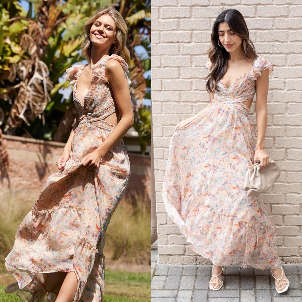 New ASTR Primrose Maxi Dress in Peach Multi Floral Revolve